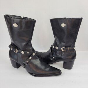 Harley-Davidson Black Leather Pointed Toe Boots With Silver Studs